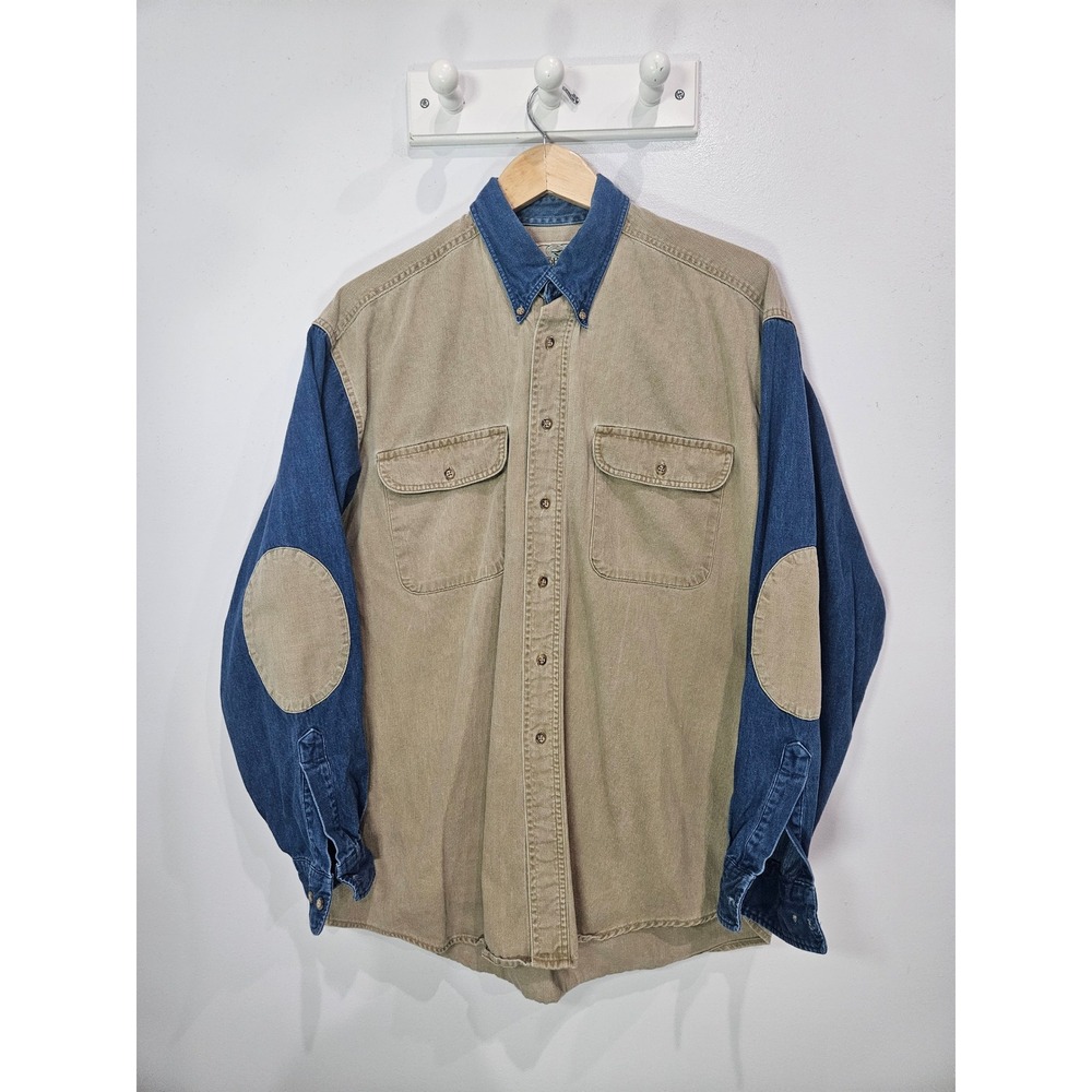 RedHead Mens Corduroy Denim Two Tone Shirt Elbow Patches Tan Blue XL